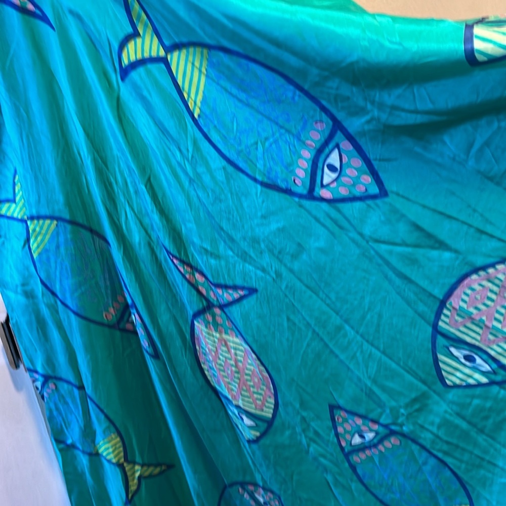 Silk Blue/Green Fish Print Maxi Dress. - Picture 3 of 8